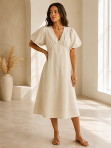 Robe midi bohème en coton et lin, unie et respirante, à manches bouffantes - Robe de soirée élégante à col en V et taille naturelle pour femme - Product Image 3