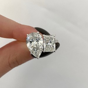Premium PT950 Platinum Women's Toi Et Moi Moissanite Engagement <b>Ring</b> Pear Radiant Cut <b>Two</b> <b>Stone</b> Prong Setting Third Party - Product Image 1