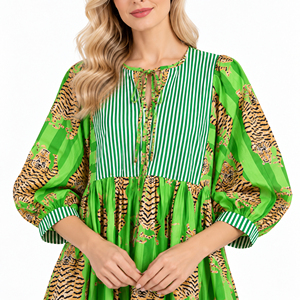Vestido Midi Verde con Estampado Animal para Mujer, Manga Farol, Bloques de Color, Corte A, Casual, Verano - Product Image 5