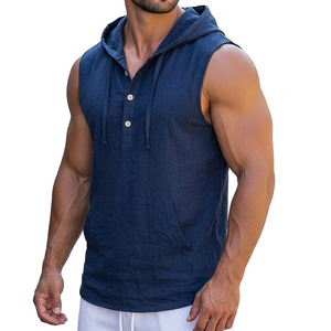 Men's Factory Direct Sales Sleeveless Hoodies <b>Athletic</b> Tank Top Henley Placket Curved Hem Fitness Wear Custom Tank Tops For Men - Product Image 5