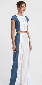 Women Color Block Denim <b>2</b> <b>Piece</b> <b>Set</b> Crop <b>Top</b> Wide Leg Pants - Product Image 4