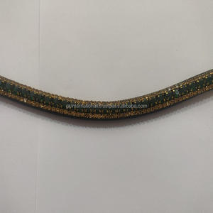 Top Quality Leather Brow <b>Band</b> with Dark Green and Golden Crystal Chain and <b>Snap</b> Button for Loop Closure Wholesale Manufacturer - Product Image 3