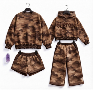 Custom Apparel Manufacturer 4 Piece Cotton Fleece Long <b>Set</b> Hooded Sweatshirt & Pants Shorts Casual Loose Fit Winter Eco-Friendly - Product Image 3
