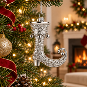 Ornement de Noël de luxe en métal argenté gaufré en forme de botte, à suspendre, avec clochettes, pour décoration festive de sapin de Noël - Product Image 1