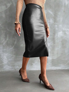 Falda elegante ajustada de color marrón oscuro para mujer, falda corta de piel sintética 471 - Product Image 3