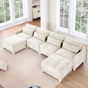 Divano a Quattro Posti in Tessuto Chenille per Soggiorno, Struttura in Legno Massello, Spugna ad Alta Resilienza, 1 Pouf Mobile, Cuscino Lombare, Elegante - Product Image 2
