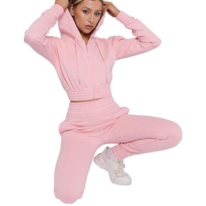 Women Pink <b>Cropped</b> Hoodie <b>Jogger</b> Pants Tracksuit Set Casual Athletic Sportswear Workout Outfit Full Length Solid Color - Product Image 3