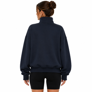Fashion <b>Navy</b> Asymmetrical Zip Women Hooded Oversized Stand Cotton Fleece Winter Casual Streetwear Private Label Hoodies OEM - Product Image 3