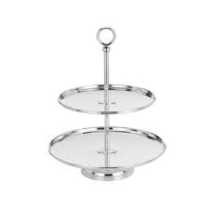 Support à gâteau en métal argenté à 2 niveaux, plateau de service rond moderne et écologique, en acier inoxydable durable pour pâtisseries ou desserts, décoration - Product Image 1
