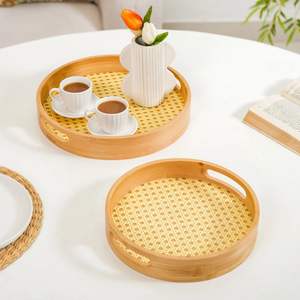 Multipurpose Bamboo Serving Tray Round Rattan Bottom Tray for Food <b>Drinks</b> Serving - Product Image 6