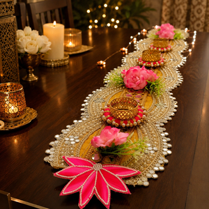 Pink Lotus Diya Table Runner Handmade Gold Patti Pearl Wedding <b>Mandir</b> Pooja Festival Home Decor Gift Item Centerpiece - Product Image 1