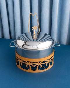 Luxury Round Stainless Steel Chafing Dish Set With Decorative White Palm Tree Stand And Modern Blue And Gold <b>Buffet</b> Food <b>Warmer</b> - Product Image 1