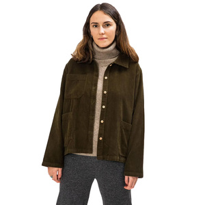 Veste en velours côtelé pour femme, couleur unie, col rabattu, fermeture boutonnée, manches longues, style utilitaire, garniture en fourrure, respirante, pour l'hiver - Product Image 1