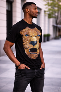 Camiseta Negra Oversize para Hombre, Estilo Veraniego, con Estampado de León con Pedrería, Algodón, Estilo Urbano, Corte Holgado, Logotipo Personalizado, Último Diseño - Product Image 4