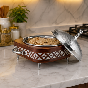 Cacerola Cuadrada de Acero Inoxidable de Lujo con Base de Madera Incrustada |   Recipiente Térmico con Tapa Martillada para Mantener la Comida Caliente, para el Hogar y Hoteles - Product Image 2