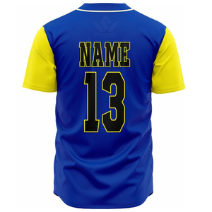 Maillot de baseball bleu et jaune pour homme, manches courtes, boutons sur le devant, sublimation, séchage rapide, évacuation de l'humidité, polyester, uniforme d'équipe - Product Image 4