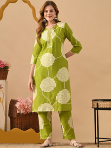 Conjunto de Kurta Verde de Algodón con Estampado Digital para Mujer, Estilo Casual, Holgado, Sin Arrugas, Estilo Veraniego, India, Pakistán - Product Image 1
