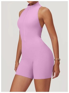 Quarter-<b>Zip</b> Sleeveless High Waist Seamless Yoga Bodysuit Solid Gray Breathable One Piece Activewear Set - Product Image 4