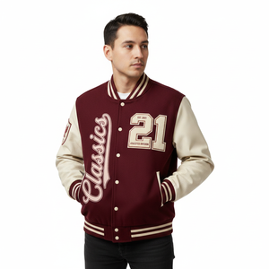 <b>Men's</b> Maroon Varsity <b>Jacket</b> <b>Cream</b> PU Leather Sleeves Embroidered Classics 21 Patch Design Letterman Bomber <b>Jacket</b> Preppy Style - Product Image 6
