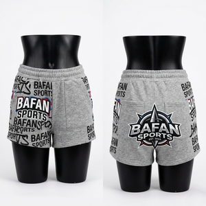 Shorts de mujer de algodón polar premium de 260 GSM, diseño con paneles laterales grises, estampado serigrafiado con logo personalizado, ajuste suave. - Product Image 3
