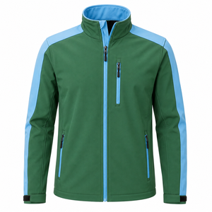 Veste softshell coupe-vent verte pour homme avec empiècements bleu clair, col montant, style sportif, vêtement d'extérieur pour l'automne - Product Image 1