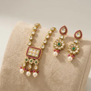 Parure de collier indien Polki Kundan plaqué or avec zircon, bijoux de mariée imposants avec boucles d'oreilles pour mariage et fête - Product Image 1
