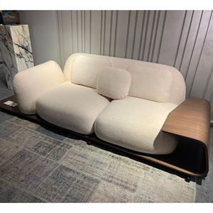 Luxury Boucle Teak Wood <b>Sofa</b> with Integrated <b>Side</b> <b>Table</b> Modern Japandi Curved Couch for Living Room Hotel and Apartment - Product Image 1