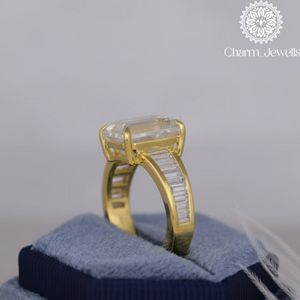 Charm_Jewells Women's Yellow <b>Gold</b> Plated Emerald Cut Moissanite <b>Cocktail</b> <b>Ring</b> Channel Setting Luxury Geometric Design - Product Image 4