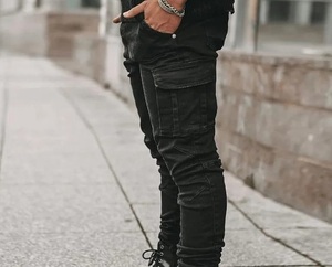 Pantalones de mezclilla ajustados para hombre, estilo cargo, elásticos, con cremallera, para trabajo, lavados, de corte slim, ropa masculina - Product Image 5