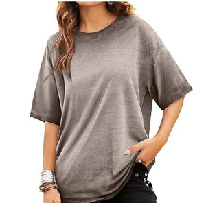T-shirt décontracté uni pour femme à col rond, coupe classique, été, 100 % coton, écologique, respirant, séchage rapide, délavage acide - Product Image 1