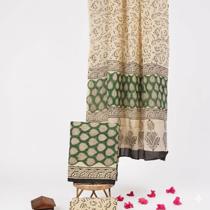 Traje Punjabi Floral Verde Crema Premium |   Conjunto de Pijama Kurti de Algodón Hecho a Mano con Borde |   Vestido Sarong Indio Profesional - Product Image 1