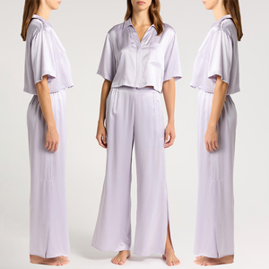 Custom Elegant Silk <b>Crop</b> Top Sleepwear Lapel Neck Sublimation Print Luxury Satin <b>Pajama</b> Set Flared <b>Pajamas</b> Woman's Set - Product Image 6