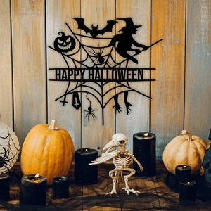 Arte de pared de Halloween con diseño de bruja, calabaza y elementos espeluznantes, decoración colgante de metal para la entrada del hogar y para celebraciones de fiestas - Product Image 3