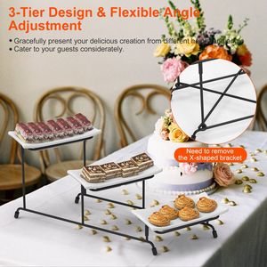 Vassoio di Servizio a 3 Livelli in Plastica, Espositore per Dessert, Supporto Rettangolare per Stoviglie, 3 Decorazioni per Tavola da Festa in Metallo - Product Image 4