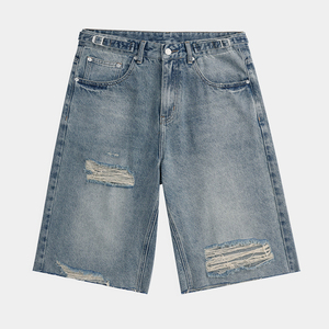 Pantalones Cortos de Mezclilla para Hombre, Lavado Claro, Estilo Desgastado, Pierna Recta, Cintura Media, Casuales de Verano, Tela de Algodón, Estilo Roto, Precio de Fábrica, OEM ODM - Product Image 1