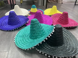 Sombrero de Paja Mexicano con Rayas Dibujadas a Mano, Ala Extra Ancha, Correa para la Barbilla, Estilo Salvavidas, para Fiestas Casuales de Verano, Unisex - Product Image 1