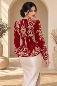 Vestido Karakou de Terciopelo Rojo Rubí para Mujer, Bordado Dorado, Manga Larga, Corte Holgado, Blazer para Boda, Cuello en V, Maxi, Dobladillo Acampanado, Elegante - Product Image 6