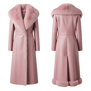 Manteau long unisexe élégant et décontracté en cuir véritable épais, col montant, ourlet en fourrure de renard, hiver, manches longues, couleur unie, coupe-vent - Product Image 4