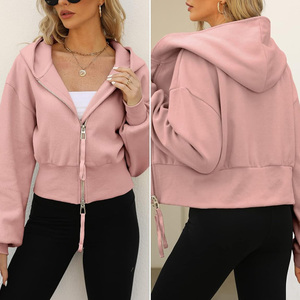 Sudadera con capucha corta para mujer, con cremallera y manga larga, de punto, de color liso, para uso casual de otoño. - Product Image 2
