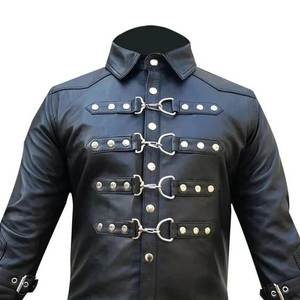 Camisa gótica de cuero negro para hombre con hebilla, corte ajustado, cuello vuelto, manga regular, chaqueta de moda para fiesta. - Product Image 4