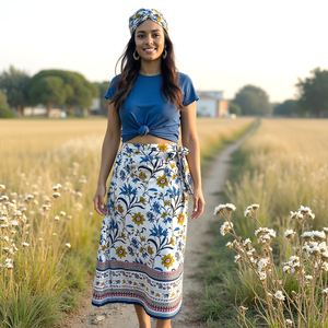 Falda de mujer envolvente gitana Bohemia personalizada con estampado de follaje amarillo azul brillante con borde grande que exuda encanto bohemio - Product Image 5