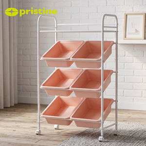 4 Tier Storage Cart with 6 Pink Bins Metal Frame <b>Rolling</b> Organizer for Home Office Use - Product Image 5