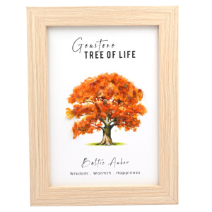 Cadre mural en bois Arbre de Vie avec pierres d'ambre baltique orange, œuvre d'art en cristal faite à la main par l'usine de gemmes de Jaipur - Product Image 1