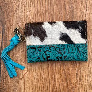 Monedero de piel de vaca de nuevo diseño 2024 con llavero, monedero de cuero Floral en relieve genuino de grano completo occidental para mujer - Product Image 5