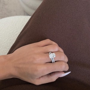 Classic Asscher Cut <b>Diamond</b> Engagement <b>Ring</b> Women's 925 Silver Rhodium Plated Prong Setting Pave Band - Product Image 5