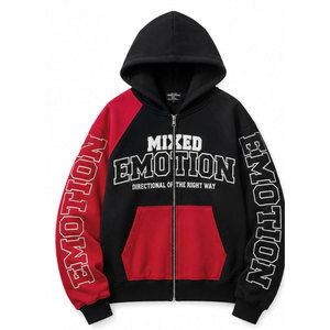 Sweat-shirt à capuche zippé pour homme Mixed Emotion, noir avec impression de lettres rouges brodées, streetwear, coupe classique, vêtements d'hiver, 100% coton - Product Image 2