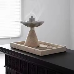 Ensemble de brûleur à bakhoor et plateau porte-encens en pierre de grès terracotta durable avec base et dessus argenté, pièce d'appoint pour charbon de bois, pour la relaxation spa - Product Image 1
