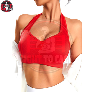 Hecho en Pakistán, diseño único en un color rojo sólido, tacto suave, a la moda, recién llegado, sujetador deportivo sencillo con cuello halter. - Product Image 3