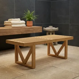 Natural Bamboo Slatted Bathroom <b>Bench</b> with Geometric <b>Legs</b> Wooden Shower Seat for Spa Entryway Bedroom and Home Use - Product Image 6