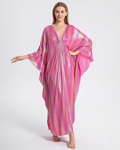 Robe Abaya Maxi Scintillante Col V Manches Chauve-Souris Coupe Ample Motif Floral Vêtement de Plage Femme Polyester Style Modeste Perlée - Product Image 1